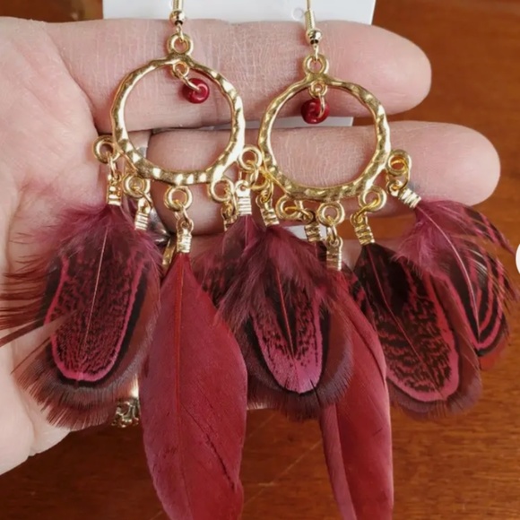 Boho Style Rice Beads Feather Earrings In Burgundy and Red Color - NWT - Picture 4 of 5